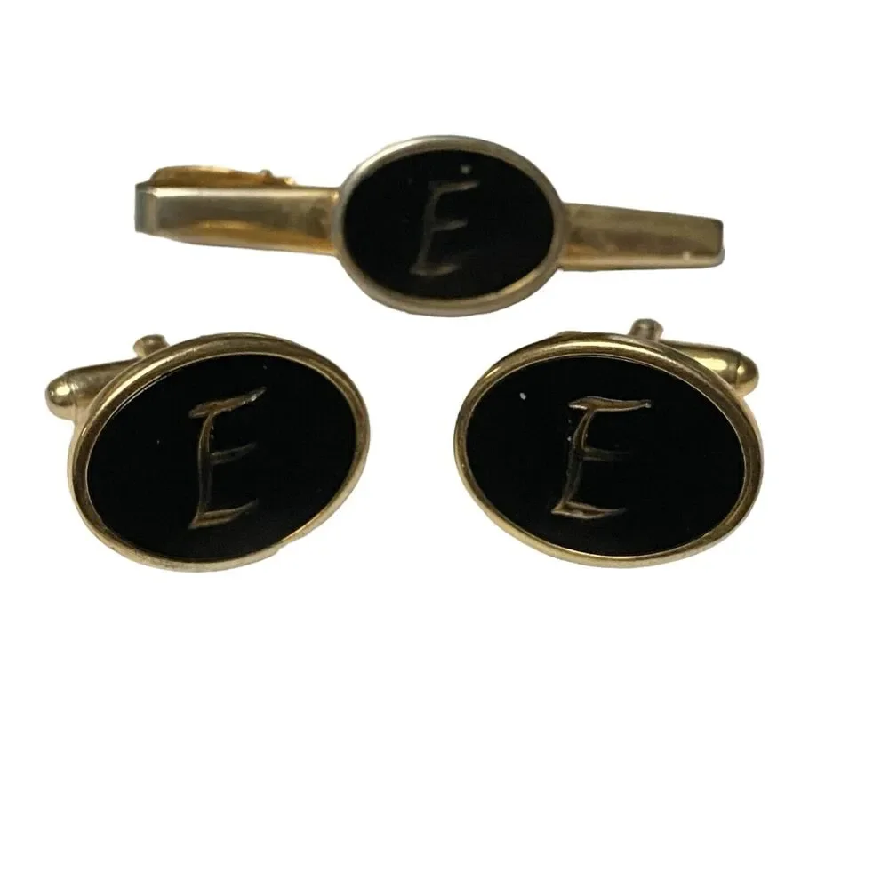 Anson Men's Cufflinks Set Tie Bar CLIP Black and Gold Tone Initial E